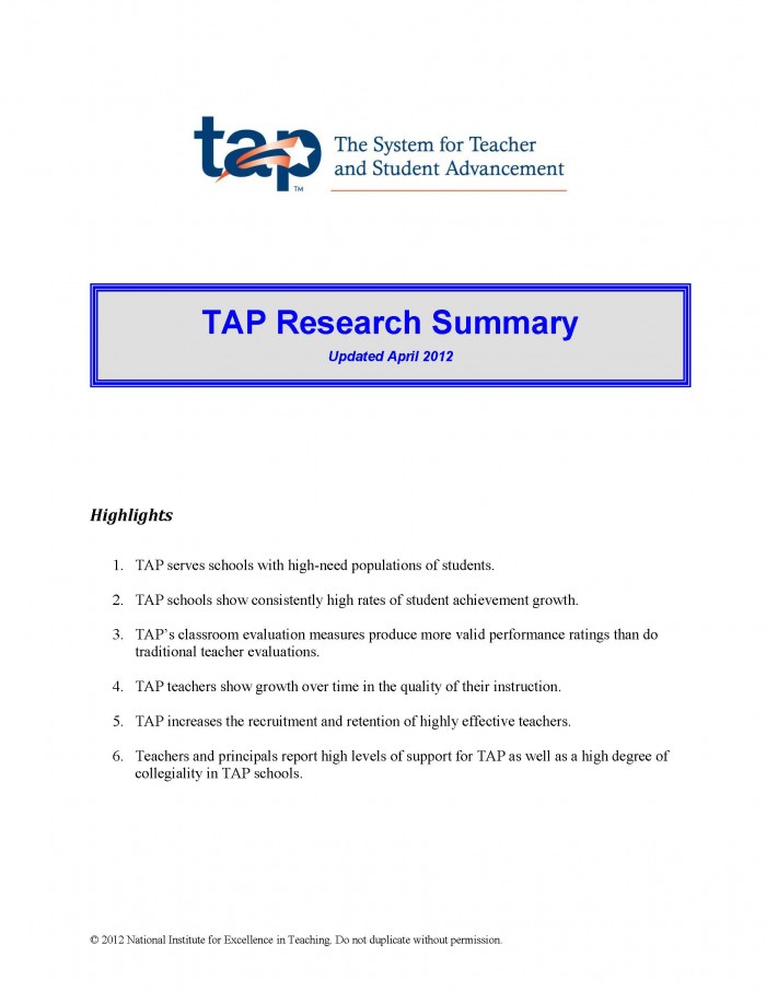 The Effectiveness of TAP: Research Summary 2012