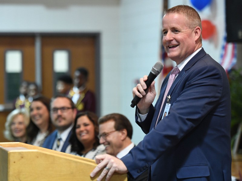 DeSoto Parish Schools Superintendent Clay Corley addresses all-school assembly