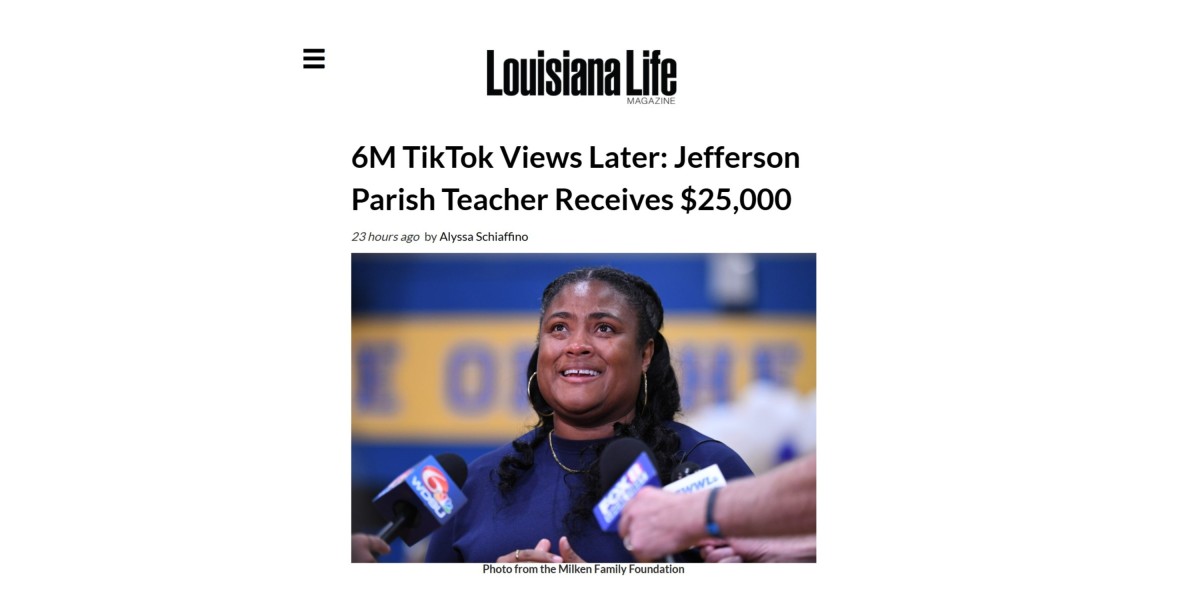 Making Headlines: Jefferson Parish Teacher Goes Viral, Wins $25K Educator Award