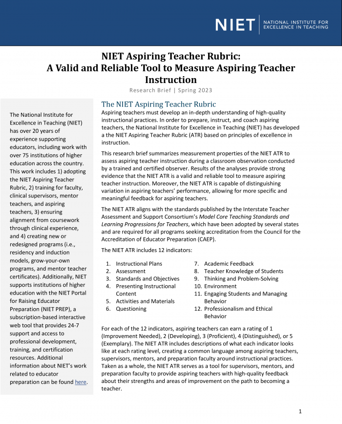 NIET Aspiring Teacher Rubric: A Valid and Reliable Tool to Measure Aspiring Teacher Instruction