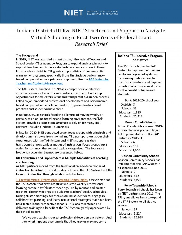 Indiana Districts Utilize NIET Structures and Support to Navigate Virtual Schooling in First Two Years of Federal Grant