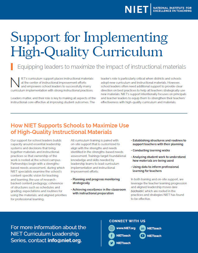 Support for Implementing High-Quality Curriculum